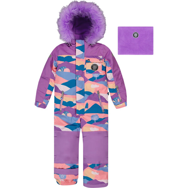 Landscape Print Detachable Hood One-Piece Snowsuit, Mauve