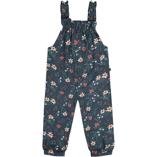 Flowers Print Muslin Sleeveless Ruffle Strap Overall, Teal