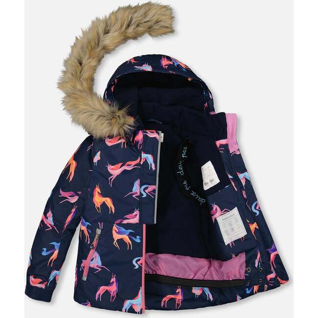 Unicorn Print Detachable Hood 2-Piece Snowsuit, Navy & Coral - Snowsuits - 3