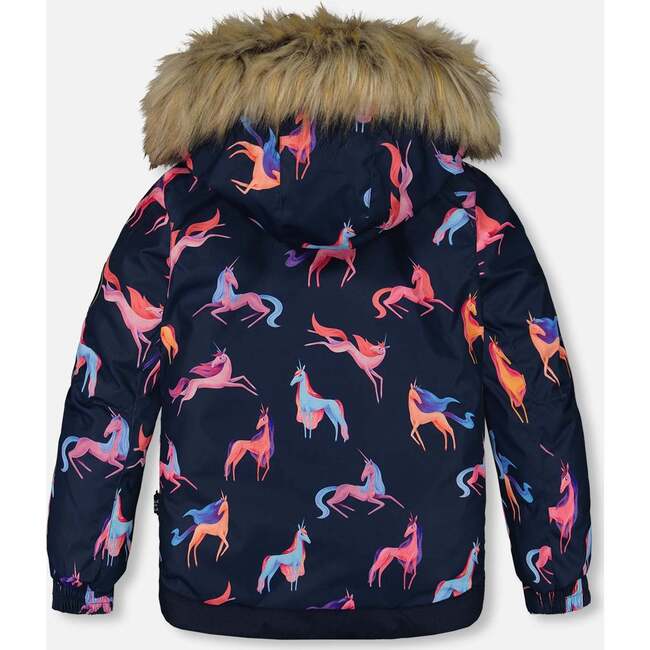 Unicorn Print Detachable Hood 2-Piece Snowsuit, Navy & Coral - Snowsuits - 4