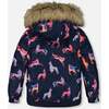 Unicorn Print Detachable Hood 2-Piece Snowsuit, Navy & Coral - Snowsuits - 4
