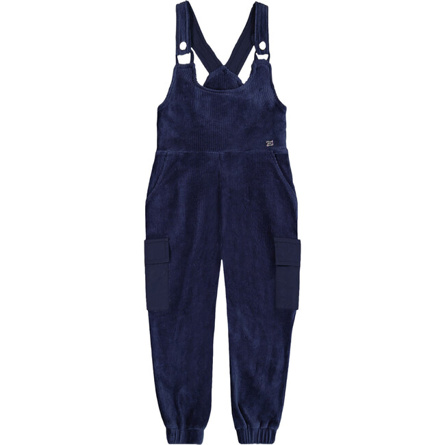 Velvet Stretch Sleeveless Ankle Cuffed Cargo Overalls, Navy