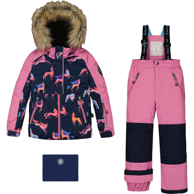 Unicorns Print Detachable Hood 2-Piece Snowsuit, Mauve