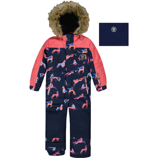 Unicorn Print Detachable Hood One-Piece Snowsuit, Navy