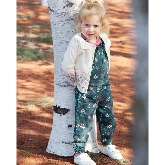 Flowers Print Muslin Sleeveless Ruffle Strap Overall, Teal - Overalls - 2