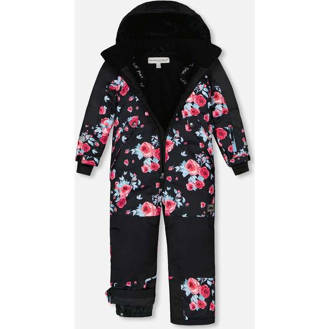 Roses Print Hooded One-Piece Technical Snowsuit, Black - Snowsuits - 3