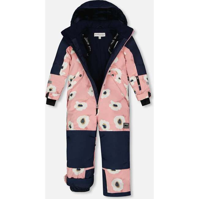 Flowers Print Hooded One-Piece Technical Snowsuit, Pink & Off-White - Snowsuits - 3