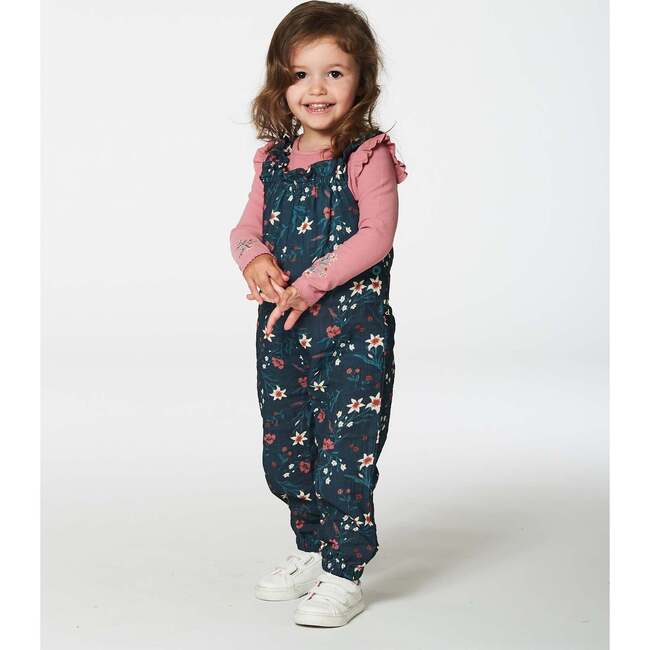 Flowers Print Muslin Sleeveless Ruffle Strap Overall, Teal - Overalls - 3