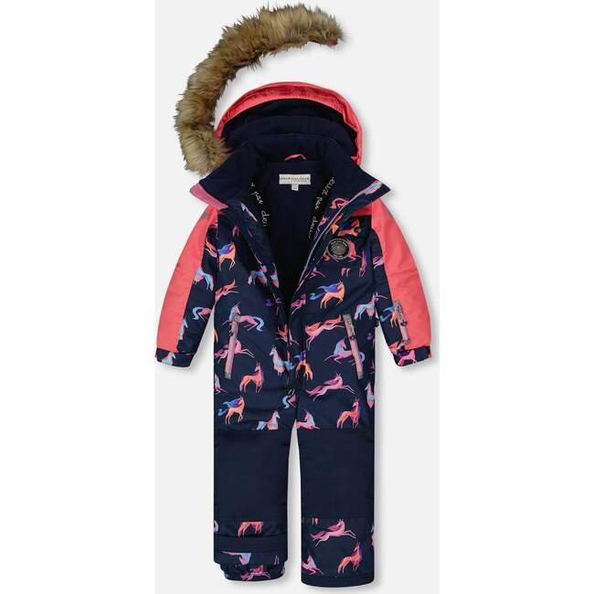 Unicorn Print Detachable Hood One-Piece Snowsuit, Navy - Snowsuits - 3