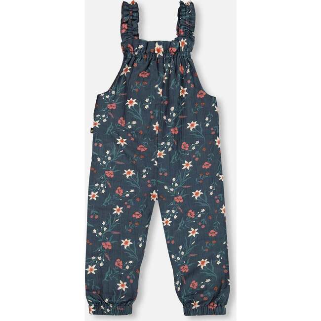 Flowers Print Muslin Sleeveless Ruffle Strap Overall, Teal - Overalls - 4