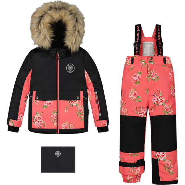 Flowers Print Detachable Hood 2-Piece Snowsuit, Black & Coral