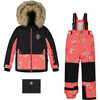 Flowers Print Detachable Hood 2-Piece Snowsuit, Black & Coral - Snowsuits - 1 - thumbnail