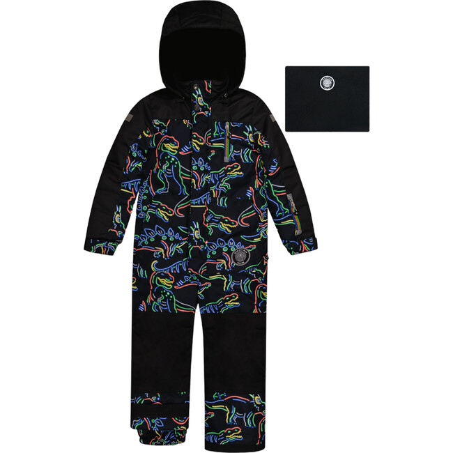 Dinos Print Detachable Hood One-Piece Snowsuit, Black