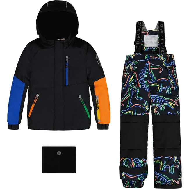 Dinos Print Detachable Hood 2-Piece Snowsuit, Black