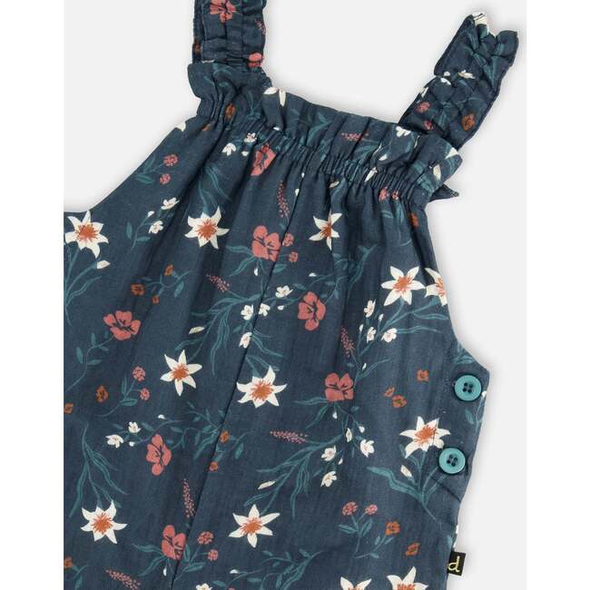 Flowers Print Muslin Sleeveless Ruffle Strap Overall, Teal - Overalls - 5