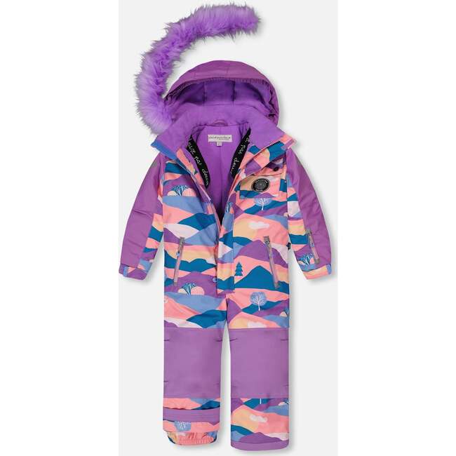 Landscape Print Detachable Hood One-Piece Snowsuit, Mauve - Snowsuits - 5