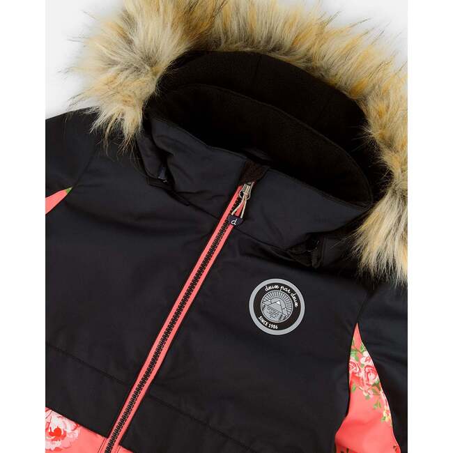 Flowers Print Detachable Hood 2-Piece Snowsuit, Black & Coral - Snowsuits - 7