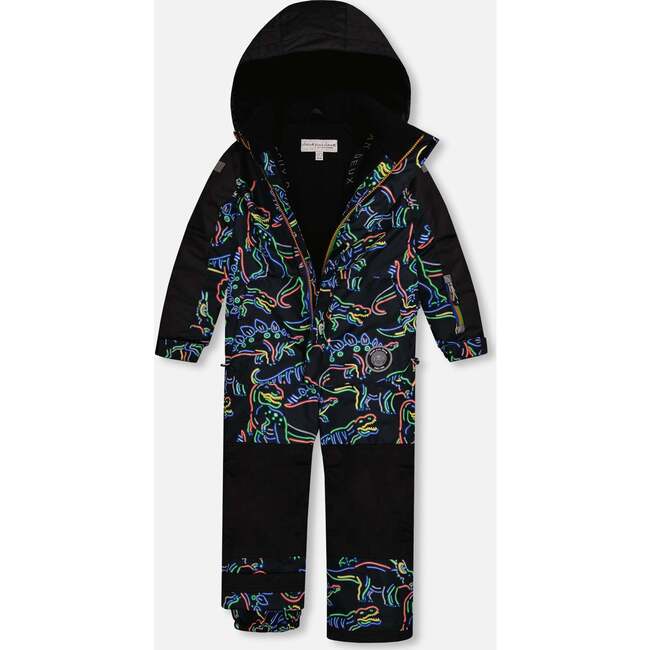 Dinos Print Detachable Hood One-Piece Snowsuit, Black - Snowsuits - 3