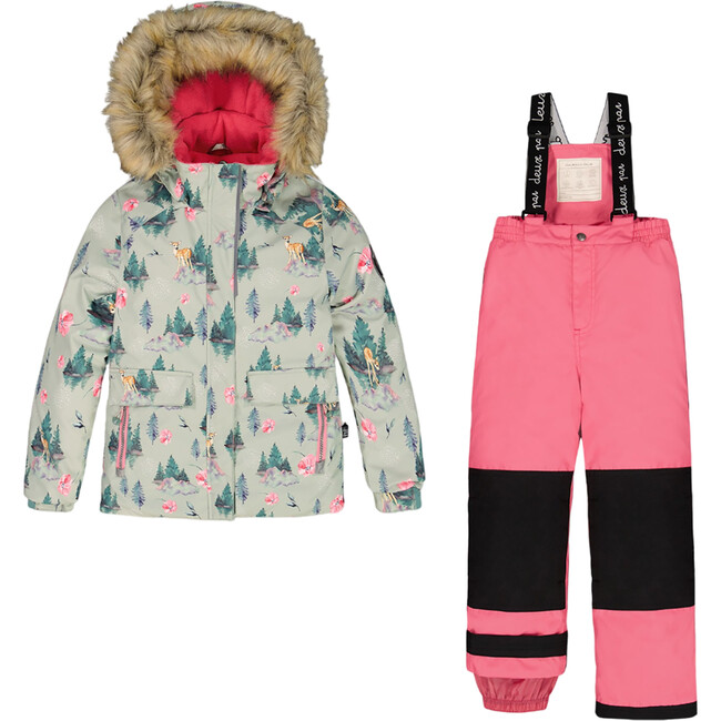 Deers Print Detachable Hood 2-Piece Snowsuit, Candy Pink