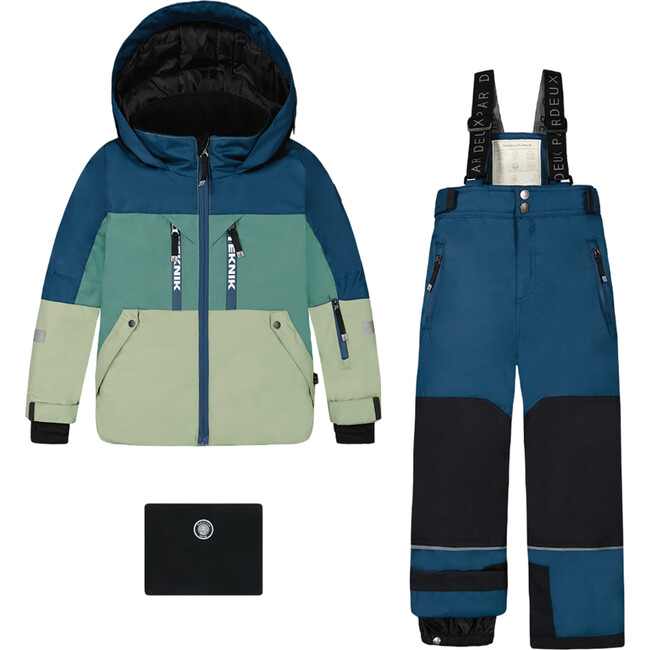 Color-Block Hooded 2-Piece Technical Snowsuit, Blue, Green & Gray