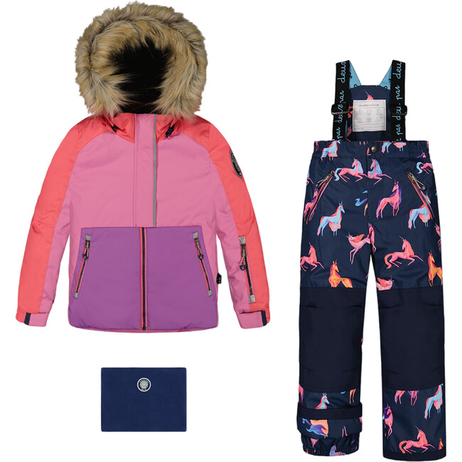 Color-Block Unicorns Print Detachable Hood 2-Piece Snowsuit, Purple & Coral