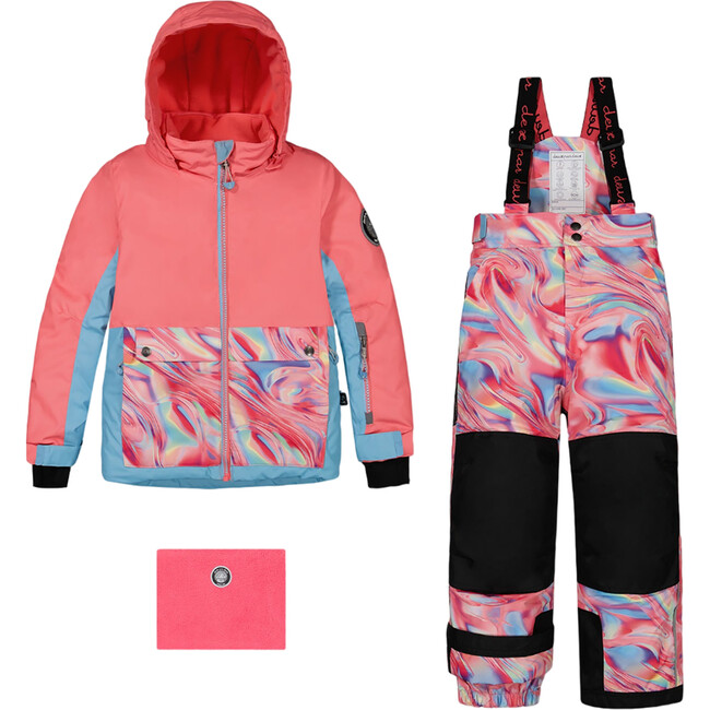 Color-Block Marble Print Detachable Hood 2-Piece Snowsuit, Coral & Air Blue