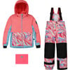 Color-Block Marble Print Detachable Hood 2-Piece Snowsuit, Coral & Air Blue - Snowsuits - 1 - thumbnail