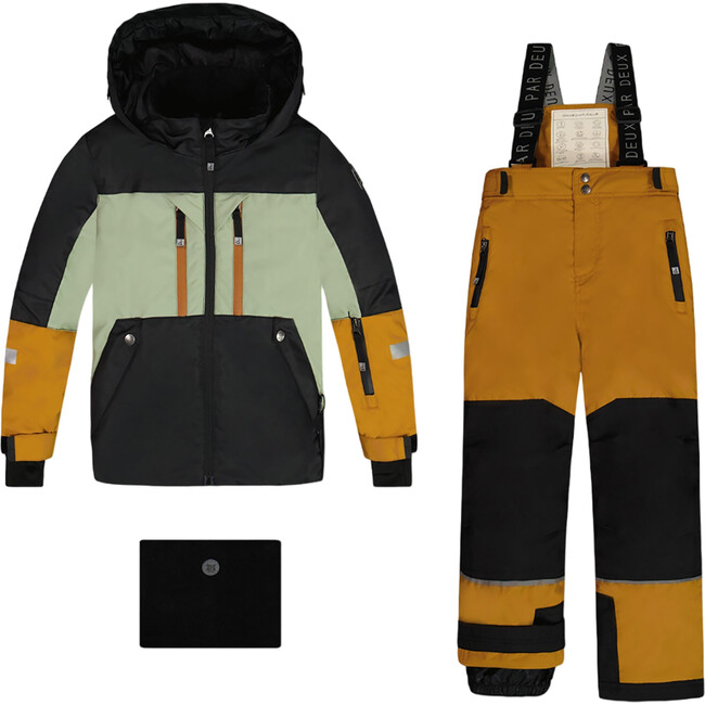 Color-Block Hooded 2-Piece Technical Snowsuit, Black, Sage & Spice