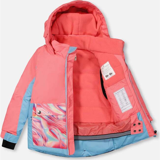 Color-Block Marble Print Detachable Hood 2-Piece Snowsuit, Coral & Air Blue - Snowsuits - 3