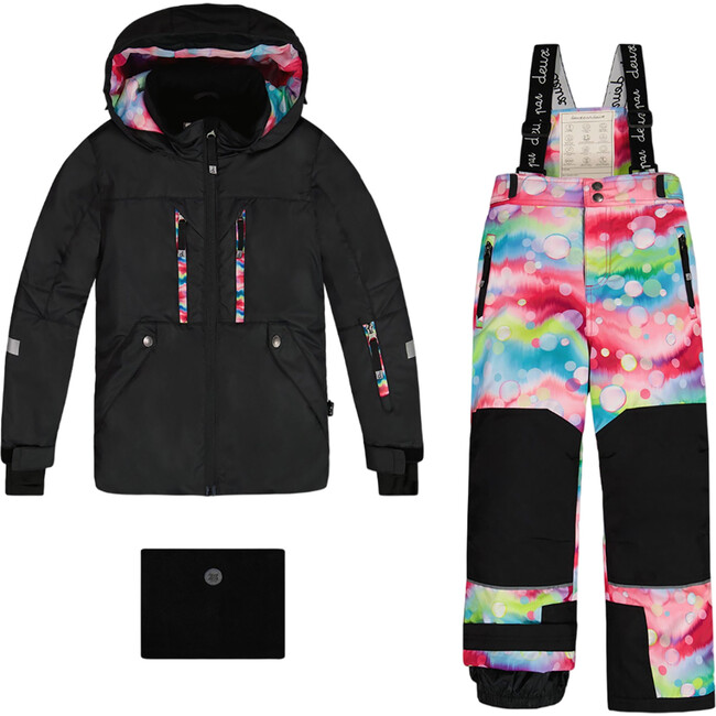 Bubbles Print Hooded 2-Piece Technical Snowsuit, Black