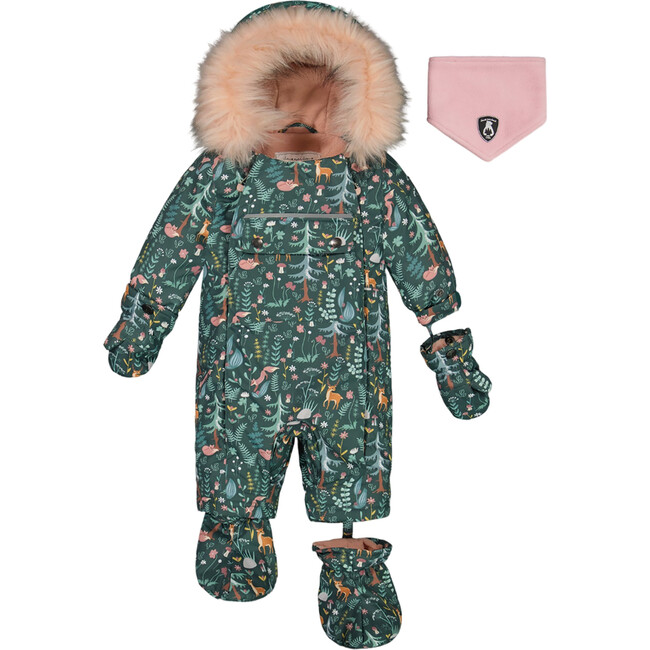 Baby Woodland Animals Print Hooded One-Piece Snowsuit For Car Seat, Sage