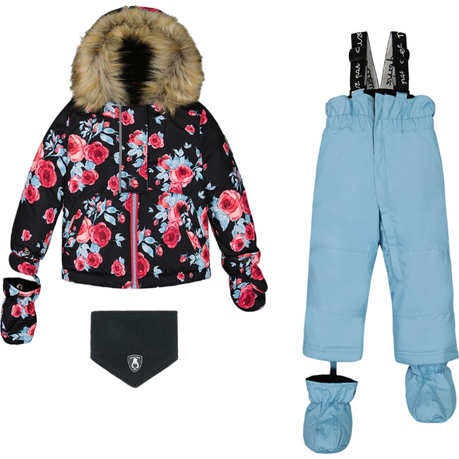 Baby Roses Print Hooded 2-Piece Snowsuit, Air Blue