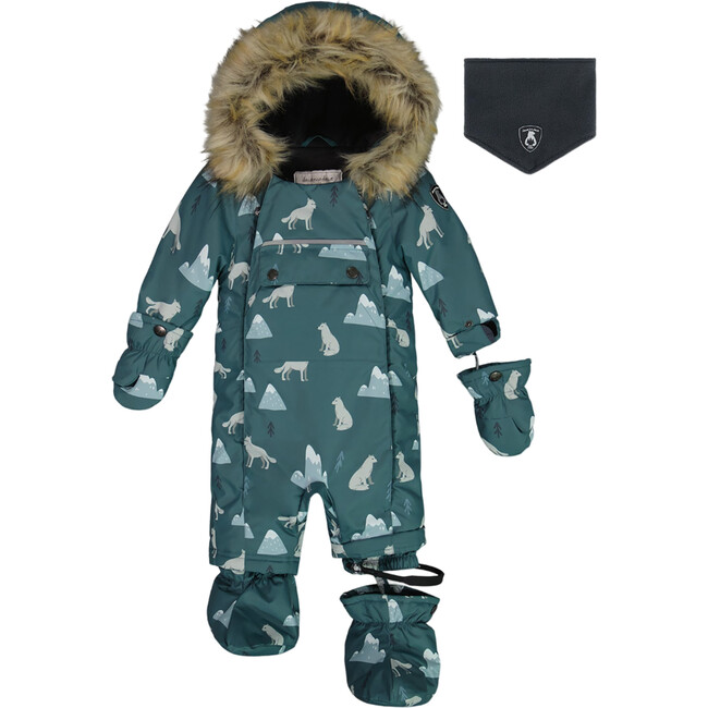 Baby Wolves Print Hooded One-Piece Snowsuit, Sage