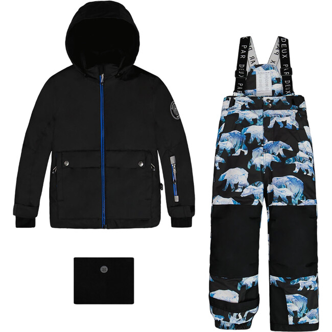 Bears Print Detachable Hood 2-Piece Snowsuit, Black & Blue