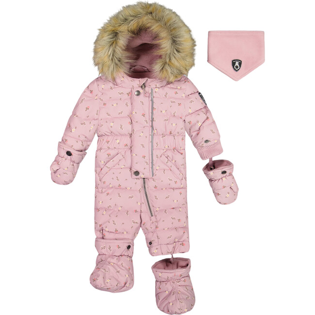 Baby Mini Flowers Print Hooded One-Piece Snowsuit, Rose