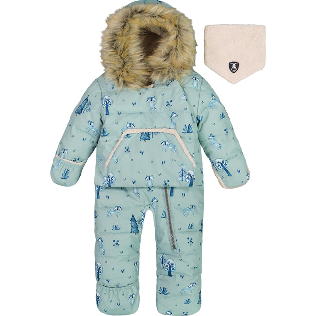 Baby Raccons Print Hooded One-Piece Snowsuit For Car Seat, Sage