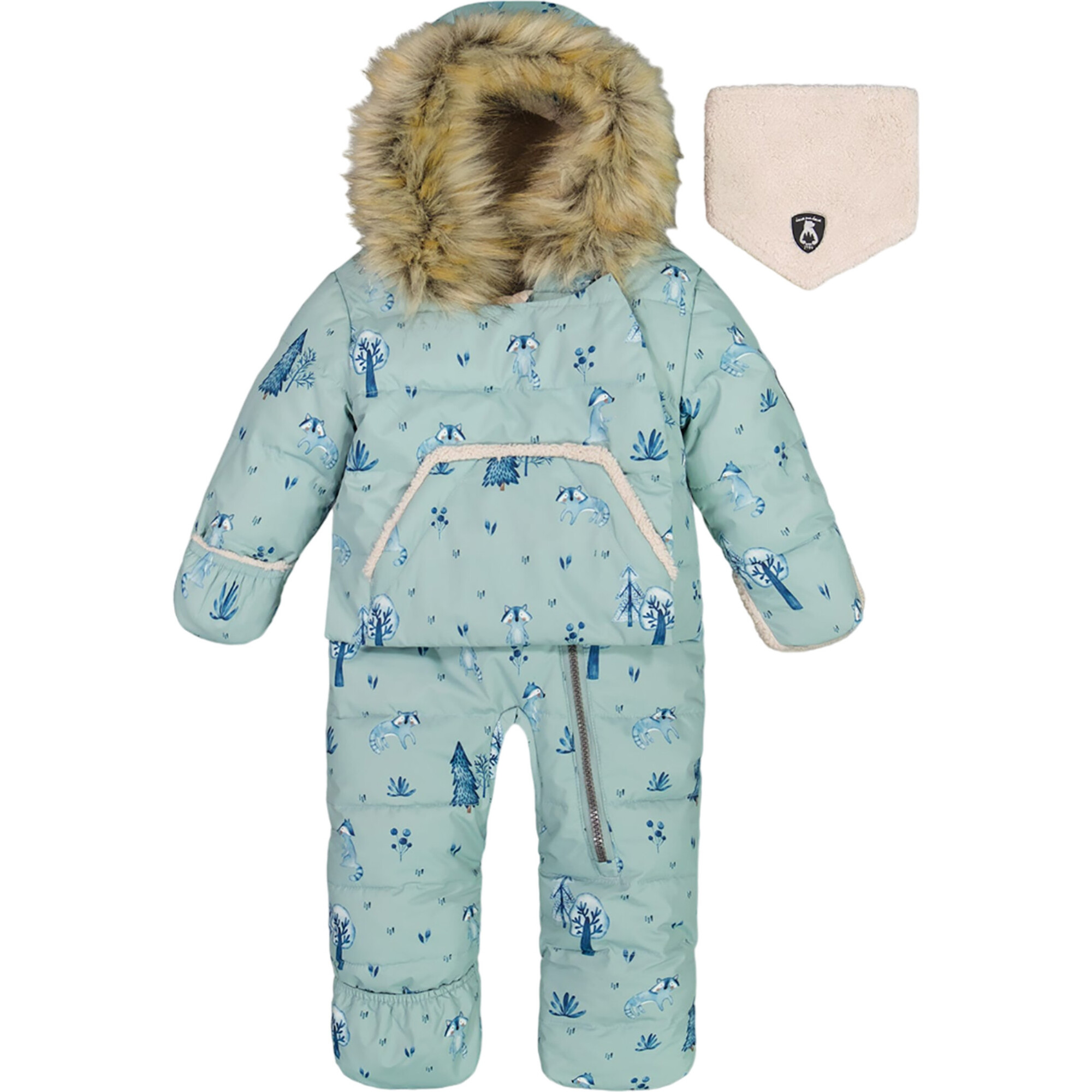 Baby Raccons Print Hooded One-Piece Snowsuit For Car Seat, Sage - Snowsuits - 1