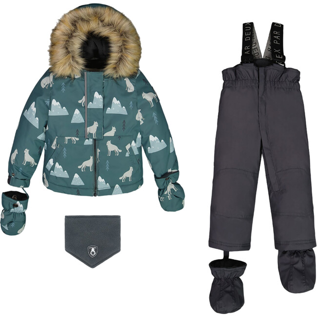 Baby Wolves Print Hooded 2-Piece Snowsuit, Sage & Dark Gray