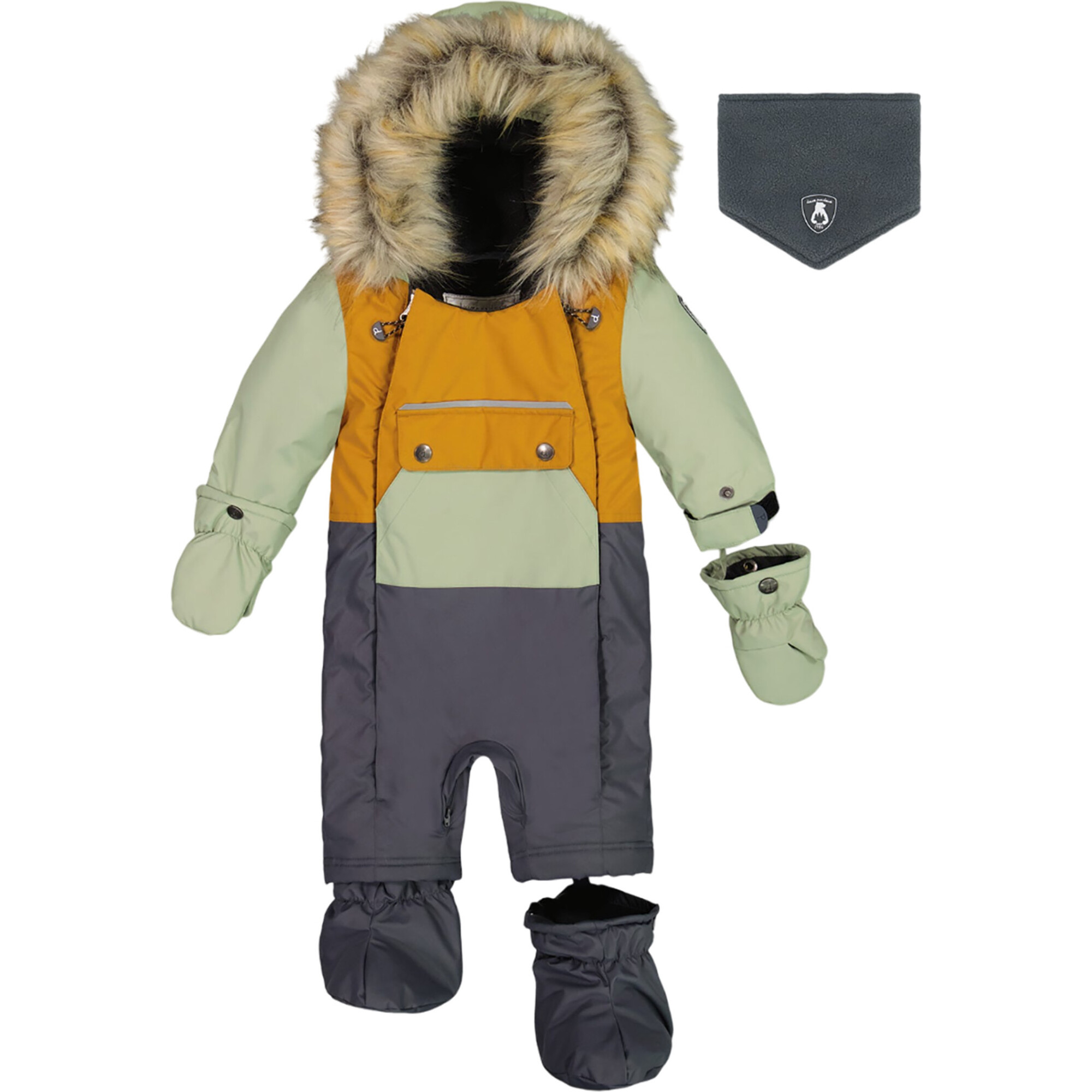 Baby Hooded One-Piece Snowsuit, Sage, Brown & Dark Gray - Snowsuits - 1