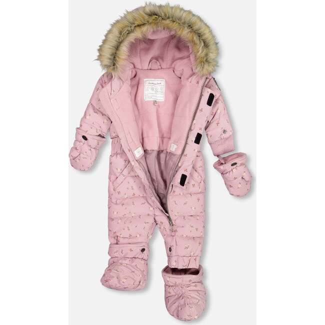 Baby Mini Flowers Print Hooded One-Piece Snowsuit, Rose - Snowsuits - 3