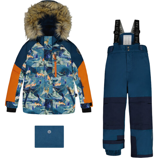 Animals & Glaciers Print Detachable Hood 2-Piece Snowsuit, Majolica Blue