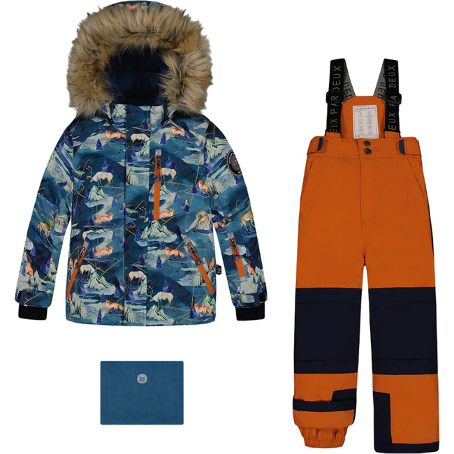 Animal & Glaciers Print Detachable Hood 2-Piece Snowsuit, Burnt Orange