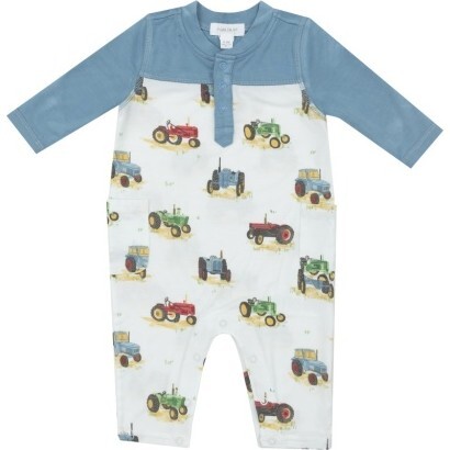 Vintage Tractors Romper W/ Contrast Sleeve, Blue