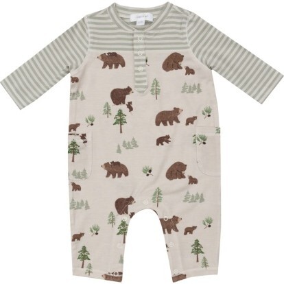 Sweet Brown Bears Romper W/ Contrast Sleeve, Beige