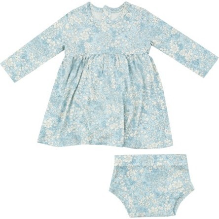 Ribbed Blue Meadow Floral Simple Dress And Bloomer, Blue