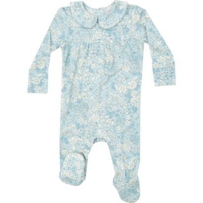 Ribbed Blue Meadow Floral Smocked Peter Pan Footie, Blue