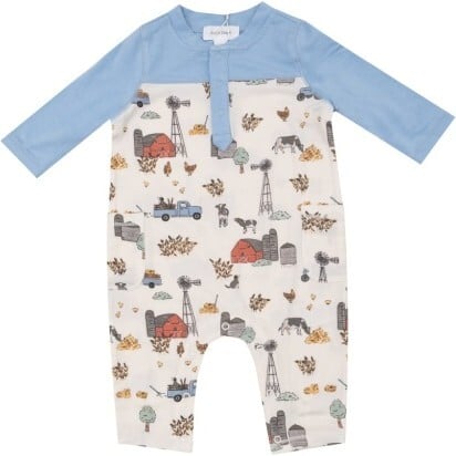 Hay Farmer Blue Romper W/ Contrast Sleeve, Ivory