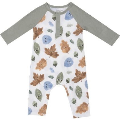 Cuddly Leaves L/S Raglan Henley Romper, Green