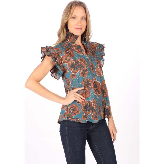 Women's Tina Print High Ruffle Neck Flutter Sleeve Button-Down Top, Terra - Shirts - 2