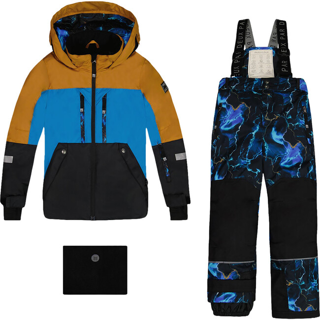 Storm Print Color-Block Hooded 2-Piece Technical Snowsuit, Blue & Mustard